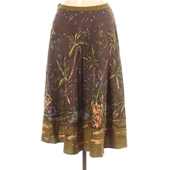 A Line Palm Tree Island Sequence Swing midi skirt women’s 6 brown/green - Picture 1 of 8